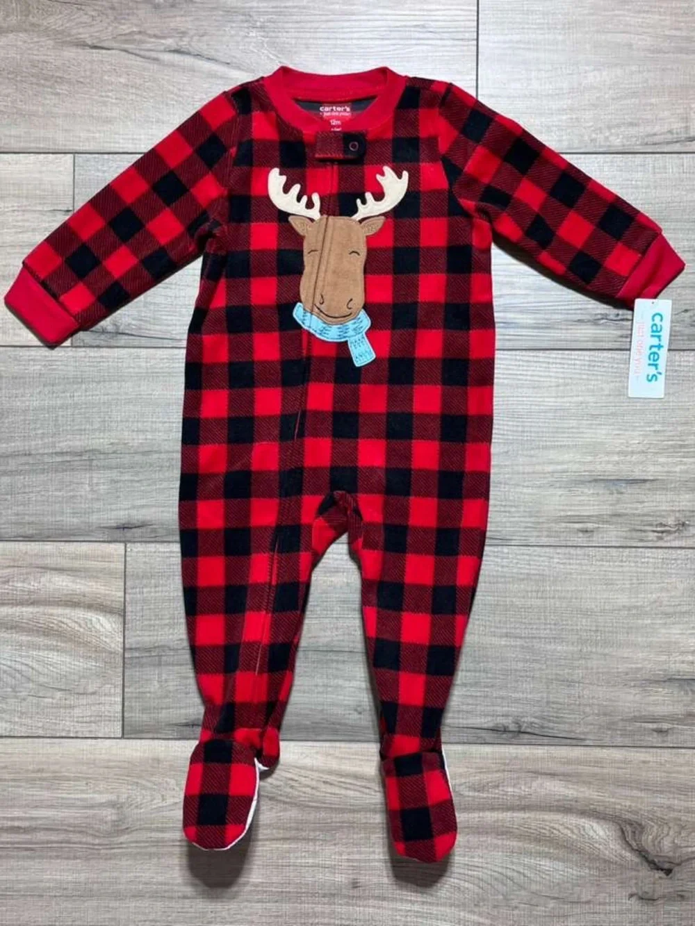 Carters Just One You Baby Boys Plaid Moose Fleece Footed Pajama 12M Red Black